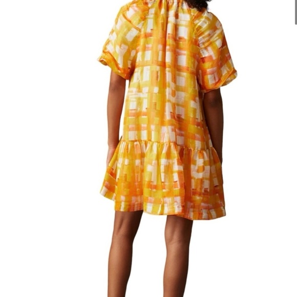 Marie Oliver Greta Puff Sleeves Golden Madras Mini Dress Sz Large - Picture 2 of 14